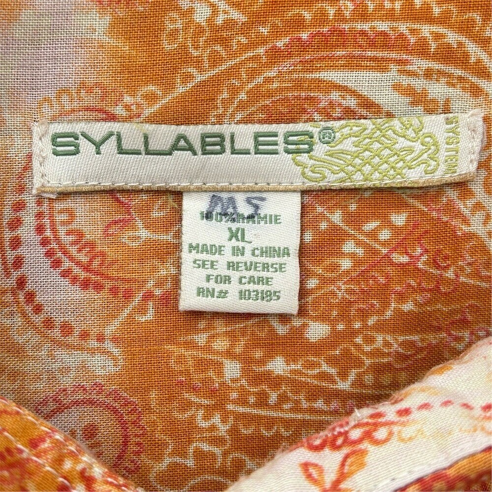 Syllables Men's Camp Shirt XL Orange & Cream Paisley Short Sleeve Button - Picture 4 of 12